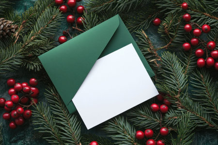 Christmas greeting card surrounded by pine branches, red berries, and pine cones on a dark green background, perfect for festive holidays and seasonal celebrationsの素材