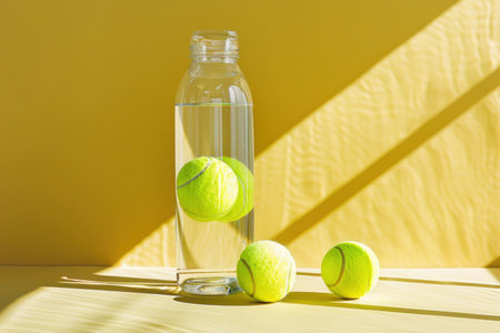Tennis balls in a bottle of water on a yellow background, showcasing vibrant colors and playful elements of sport and hydration Ideal for fitness concepts and summer themesの素材