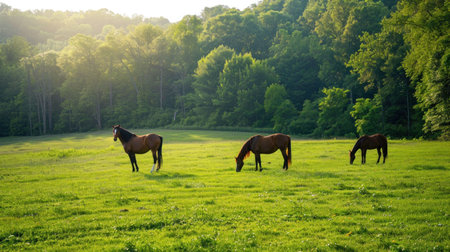horses, nature, pasture, green, landscape, tranquil, scenic, sunlight, grazing, rural scene, peaceful field, horses in meadow, vibrant greenery, farm life, horse herdの素材