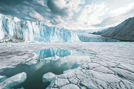 Iceberg, glacier, reflection, landscape, cold, water, nature, environment, beauty of nature, arctic scene, scenic view, blue tones, tranquility, untouched wilderness, calm lake, dramatic sky, atmosphの素材