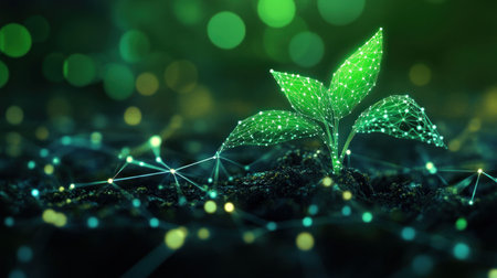 digital plant growth, green leaves, technology background, glowing points, nature and innovation, futuristic agriculture concept, vibrant colors inspired by nature, abstract designの素材