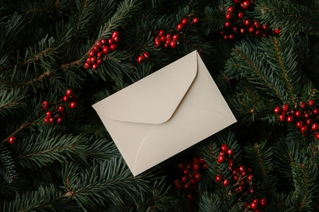 Christmas envelope, holiday greeting card, rustic decoration, festive background with pine branches and red berries enhancing seasonal atmosphere and warmthの素材