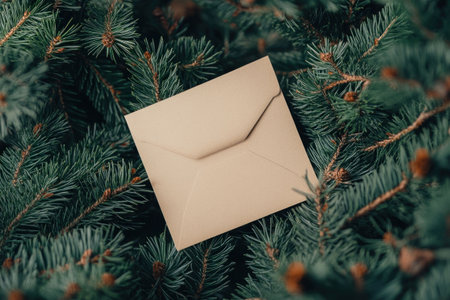 Christmas envelope, holiday spirit, pine branches, nature background, seasonal greeting, cozy atmosphere, warm tones, festive preparations symbolsの素材