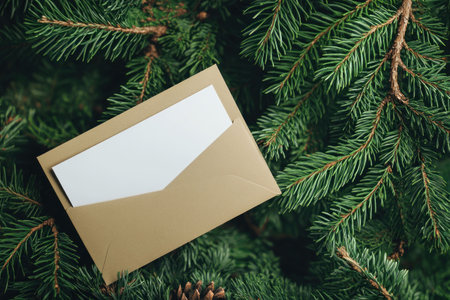 Christmas envelope on green pine branches, festive theme, natural background with soft needles, conveying warmth and holiday spirit in a cozy settingの素材