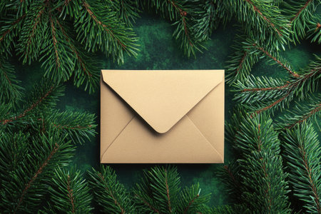 Christmas envelope, pine branches, green background, holiday theme, nature elements, seasonal greetings, festive atmosphere, warm tones, card, correspondence, rustic style, decor, peace, love, celebrの素材