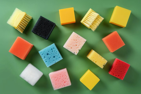 colorful sponges, cleaning tools, assorted shapes, vibrant colors, household supplies, kitchen essentials, bright backgroundの素材