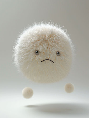 fluffy character, sad face, cute ball, emotional design, minimalist concept, floating, D rendering, soft texture, neutral background, plush feel, furry details, whimsical lookの素材