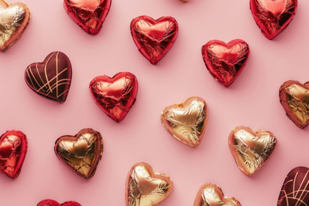 Hearts, chocolates, love, romantic, celebration, sweets, gift, pink background, Valentine s Day, festive, treat, flat lay, dessert decoration, holiday moodの素材