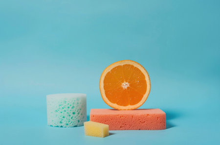 sponges, orange, functionality, freshness, cleaning, color contrasts, pastel colors, minimalistic design A circular orange slice is placed on a pastel background with colorful sponges arranged artisの素材