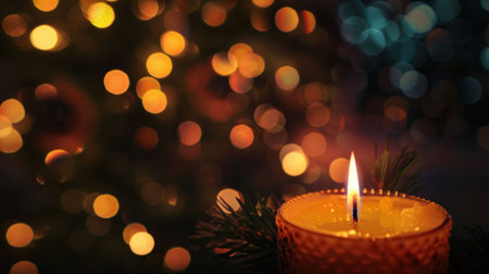 Christmas candle lighting with warm glow, festive bokeh background, cozy atmosphere, holiday spirit and celebration concept captured in soft focus for seasonal imageryの素材