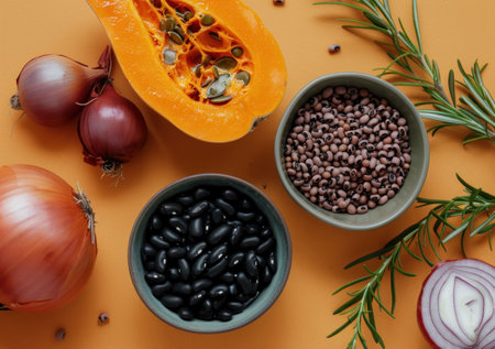 Fresh vegetables and beans on an orange background, including black beans, legumes, onions, and a halved pumpkin, garnished with rosemary for a vibrant kitchen sceneの素材
