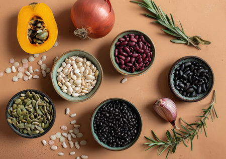 Seeds, legumes, and vegetables on a brown surface with a rustic and natural feel, featuring different shapes and colors for food photography and culinary conceptsの素材