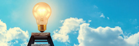 light bulb, creativity, innovation, idea, inspiration A bright light bulb sits atop a ladder against a clear blue sky with fluffy white clouds, symbolizing aspiration and enlightenmentの素材