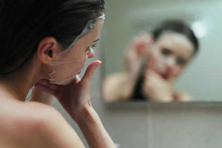 Young woman applying facial cleanser while looking in the mirror, focused on skincare routine in a softly lit bathroom. Self-care and beauty concept.の写真素材