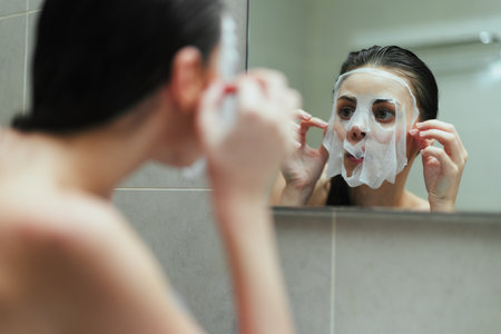 Young woman applying a facial mask at home, focusing on skincare routine in a bright bathroom. Wellness and self-care concept highlighted.の写真素材