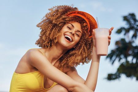 Cheerful woman enjoying a smoothie on a sunny day, wearing a bright yellow swimsuit and an orange visor, with a blue sky in the backgroundの写真素材