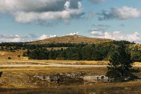 Serene countryside landscape with trees, hills, and clouds in the sky for relaxation conceptの写真素材