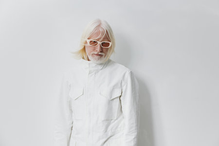 Stylish elderly man with white hair wearing sunglasses and a white outfit standing against a...