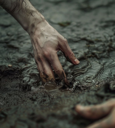 Hand reaching into muddy ground, exploring texture and nature, depicting human interaction with the earth, set against a dark, earthy background, capturing the essence of connection with natureの素材