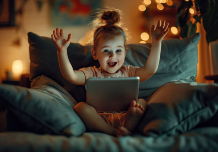 happy child, tablet, excitement, cozy living room, evening atmosphere, joyful expression, playful ambiance, seating, warm lighting, playful innocenceの素材