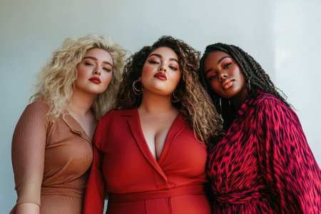 Diversity, fashion, beauty, empowerment, self confidence Three confident women with diverse hairstyles and outfits pose together against a neutral background, showcasing strength and unityの素材