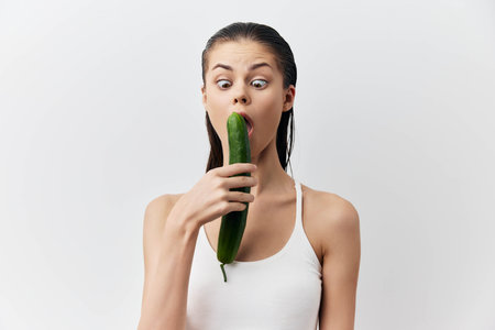 woman with a cucumber in her hand on white backgroundの写真素材