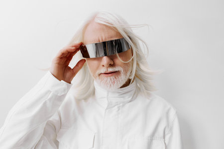 futuristic elderly man, fashion, technology, portrait with stylish sunglasses against white...