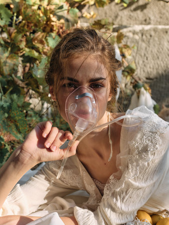 Mysterious woman in white dress sitting on ground wearing face mask in outdoor settingの写真素材