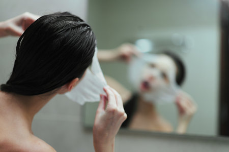 Serene woman applying facial mask in bathroom, reflecting self-care routine and relaxation in a calming atmosphere with soft lighting and neutral tones.の写真素材