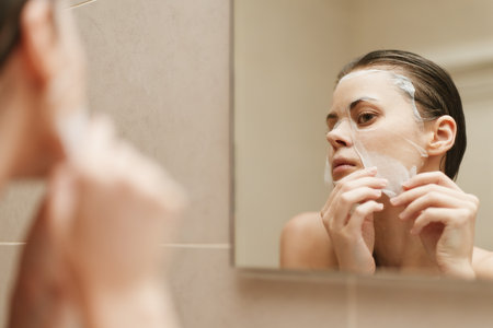 Young woman with a facial mask examining her skin in the bathroom mirror, highlighting beauty and self-care routines. Wellness and skincare concept.の写真素材