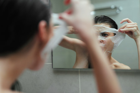 Young woman applying facial mask in front of the mirror, focusing on skincare routine. Wellness and self-care concept in neutral bathroom setting.の写真素材