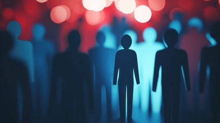 silhouette of diverse people standing against a blurred colorful background, light bokeh effect creates a dynamic atmosphere, emphasizes individuality among the crowdの素材