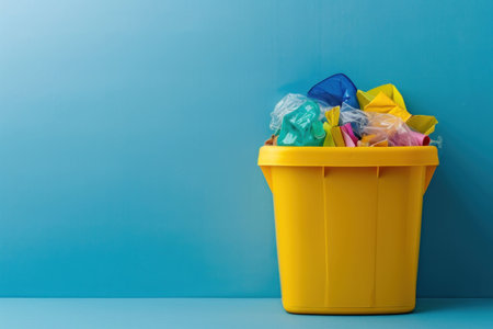 Yellow trash can filled with colorful plastic waste on a blue background, symbolizing recycling and environmental awareness Trash disposal and sustainability concepts are highlighted in this imageの素材