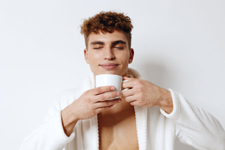 Relaxed young man enjoying a cup of coffee in a white bathrobe, with eyes closed, conveying tranquility and comfort in a minimalistic setting.の写真素材