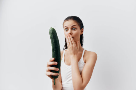 Surprised woman holding a cucumber with astonished expression in a minimalist white background, showcasing humor and unexpected reactions in food related scenariosの写真素材
