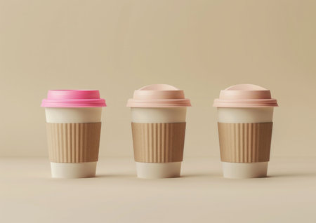 coffee cups, three stylish disposable cups on a soft beige background, featuring pink and neutral colored lids, perfect for modern beverage concepts and aesthetic designsの素材