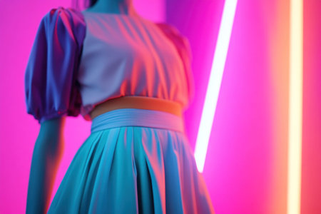 Fashion dress displayed with colorful neon lights, vibrant colors, modern design, and creative atmosphere Perfect for showcasing contemporary clothing stylesの素材