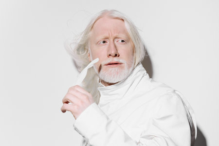 portrait of a mysterious man with white hair and beard, wearing white attire against a minimalistic white background, conveying an enigmatic and contemporary aestheticの写真素材