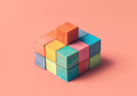 Colorful wooden blocks stacked in a playful arrangement on a soft pastel pink background, ideal for concepts of creativity, childhood, or educationの素材