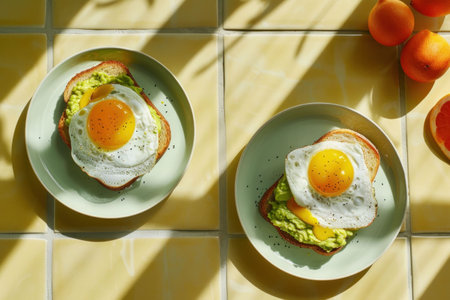 Breakfast, avocado toast, eggs on plates, vibrant colors, sunny atmosphere, home cooked meal, healthy eating, rustic kitchen, fresh ingredients, food stylingの素材