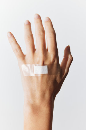 Persons hand with bandages on both the front and back