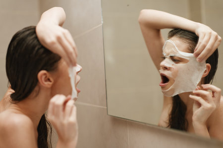 Relaxed woman applying face mask in bathroom mirror, enjoying self-care routine. Skincare and beauty treatment concept.の写真素材