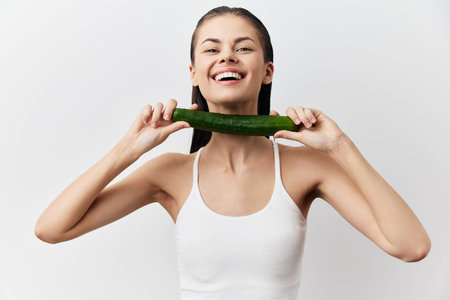 Fresh and cheerful woman holding cucumber, enjoying healthy lifestyle, smiling joyfully against a clean white background A vibrant image promoting wellness and nutritionの写真素材