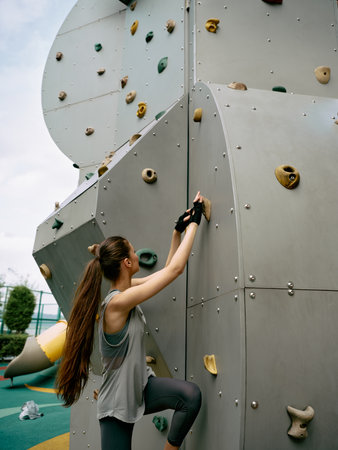 Young woman climbing an artificial rock wall, focused and determined, surrounded by a vibrant outdoor environmentの写真素材