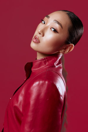 Fashionable asian woman in red leather jacket posing against red backgroundの写真素材