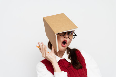 Humorous woman with a book on her head showing surprise, wearing glasses and a red sweater, against a plain white background, expressing a playful and creative conceptの写真素材