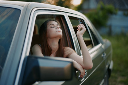 Young woman enjoying a moment of relaxation, sitting in a vintage car, exuding a carefree vibe, with...
