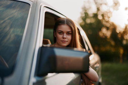 Young woman with long hair looking thoughtfully out of car window, surrounded by nature and warm sunlight, evoking feelings of freedom and adventure.の写真素材