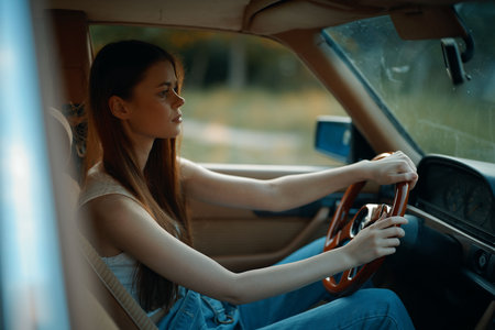 Young woman driving an old car, showcasing confidence and elegance, surrounded by nature, with a focus on her stylish attire and serene ambiance.の写真素材