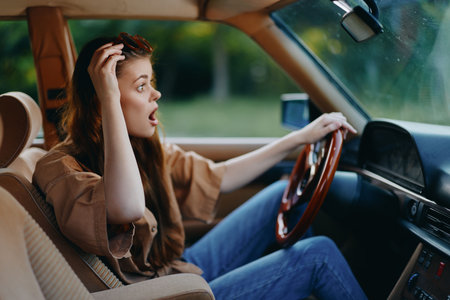 Surprised young woman driving a vintage car, wearing casual clothes, with a shocked expression...